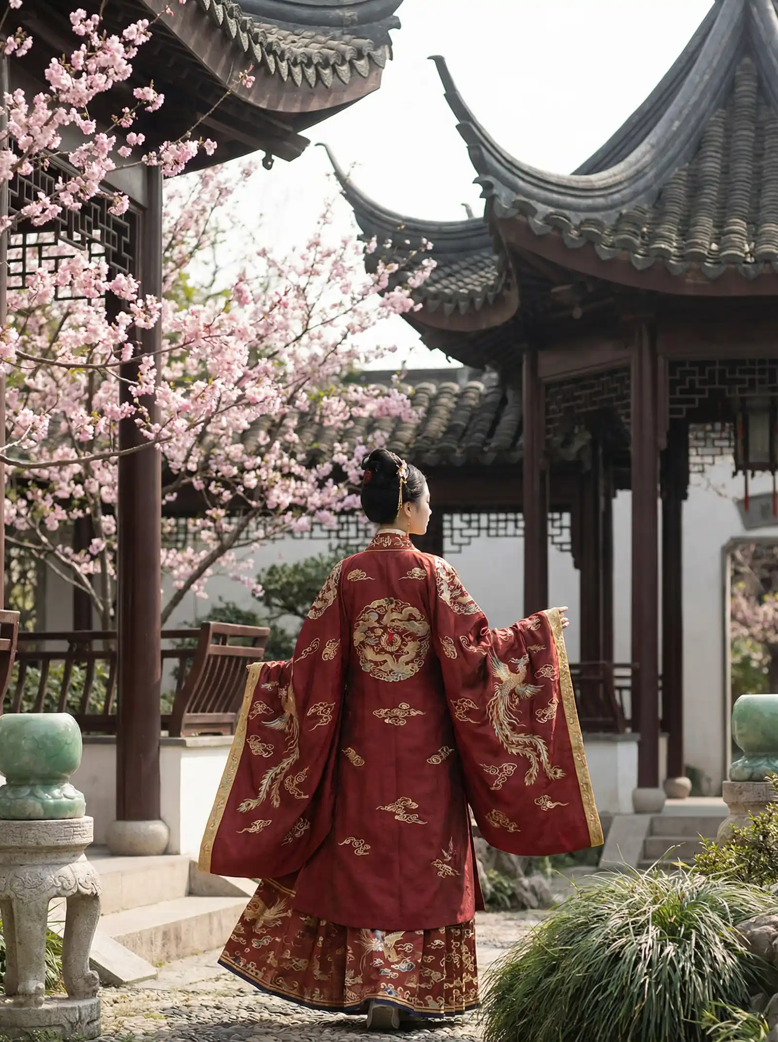 一对一视频聊天 明制汉服红色凤凰刺绣